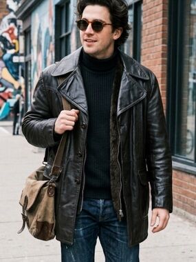 Vintage Sears The Mens Store Dark Brown Leather Car Coat Zip Liner XL